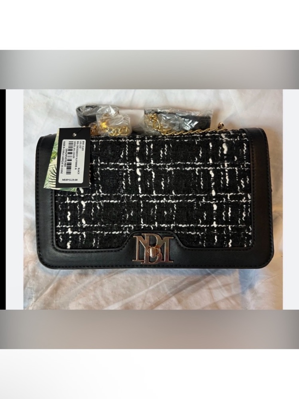 Badgley Mischka Black and White Tweed Crossbody Bag with Gold Hardware